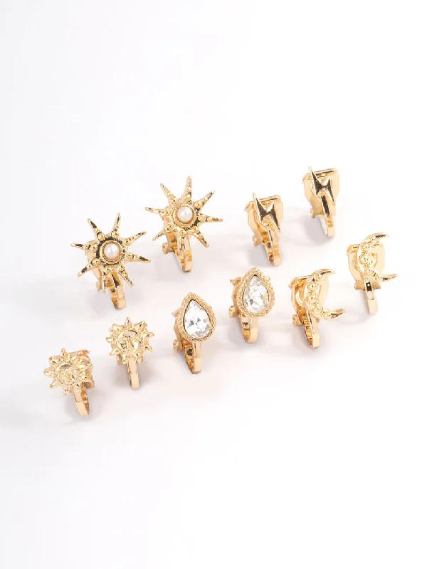 Vintage Pearl Drop Earrings-Gold Mix Celestial Clip On Earrings 5-Pack