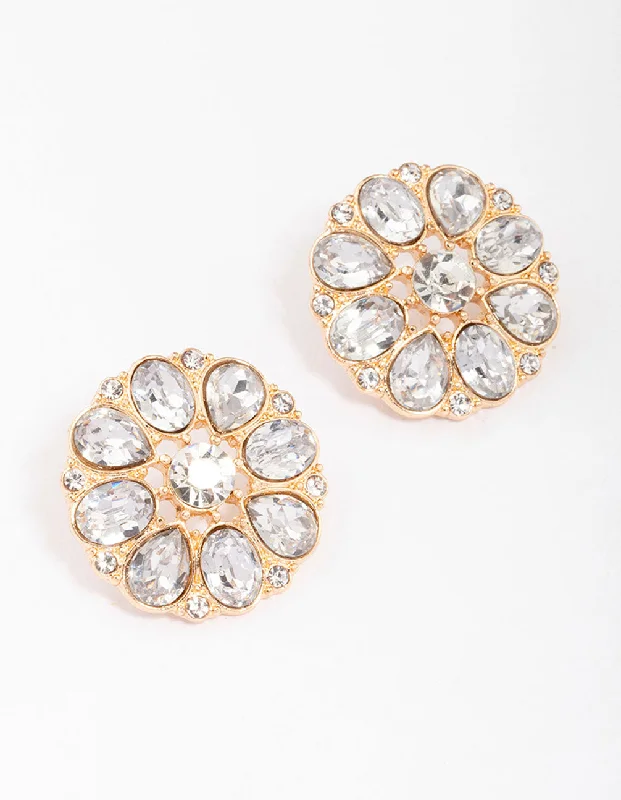 Bridal Hoop Earrings-Gold Flower Encrusted Stud Earrings