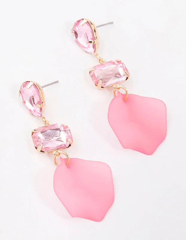 Silver Hoop Earrings for Women-Pink Pear & Rectangle Diamante Petal Drop Earrings