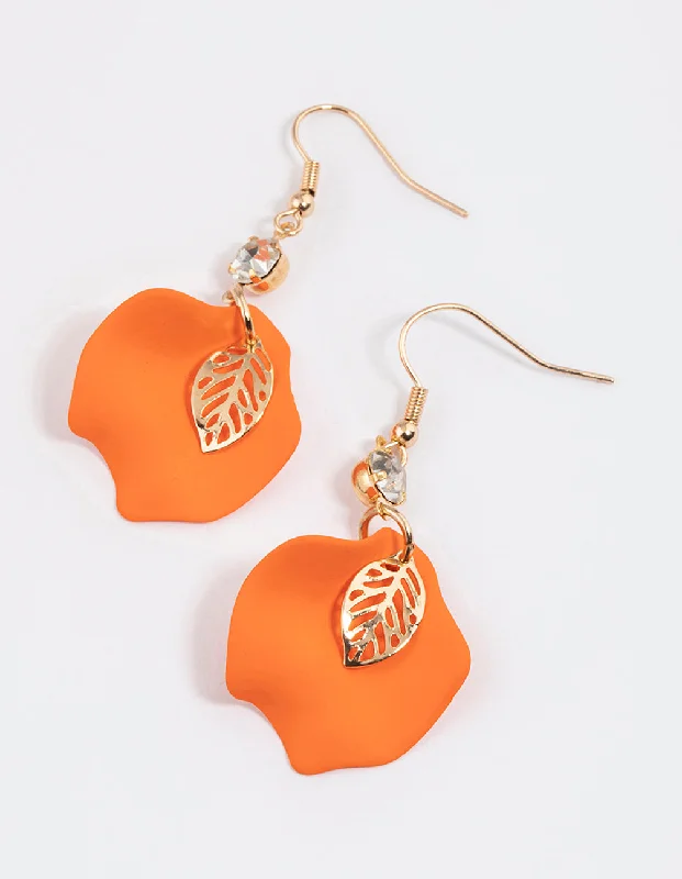 Elegant Dangly Earrings-Orange Diamante Petal Drop Earrings