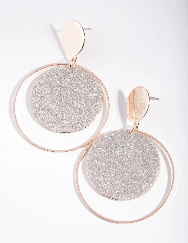 Luxury Bridal Earrings-Rose Gold Glitter Double Circle Earrings