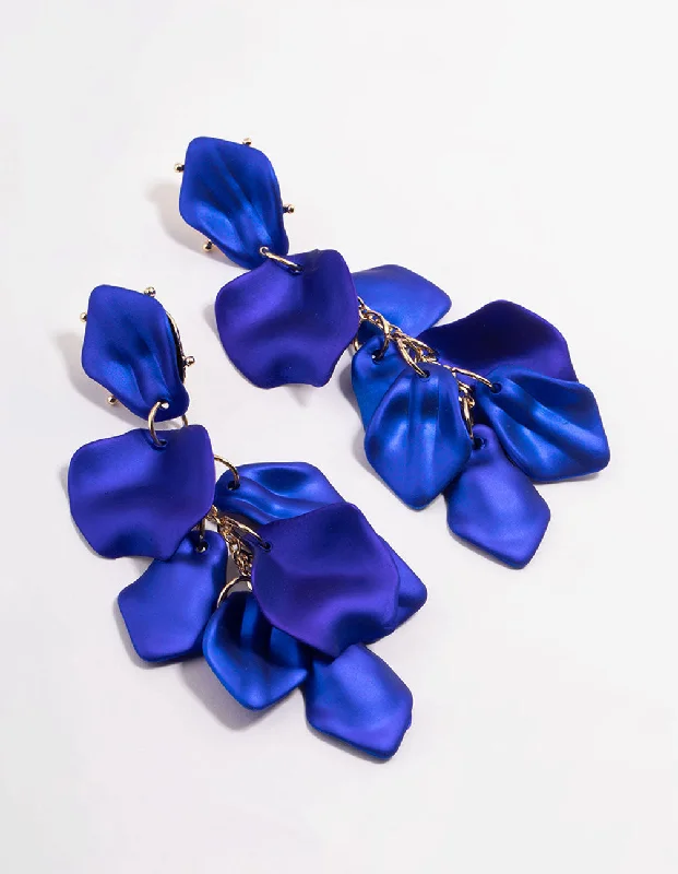 Textured Gold Earrings-Blue Coated Petal Drop Earrings