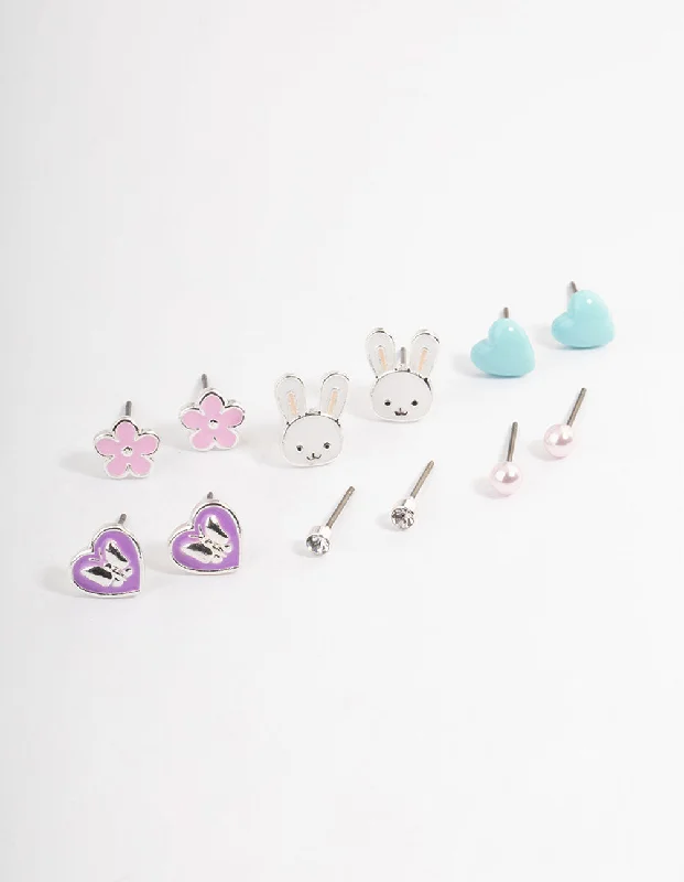 Fancy Earrings for Weddings-Kids Bunny Heart Stack Earrings 6-Pack