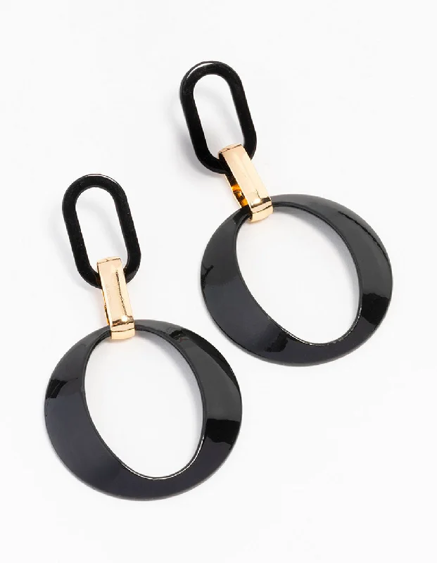 Simple Silver Stud Earrings-Black Gold Oval Circle Link Drop Earrings