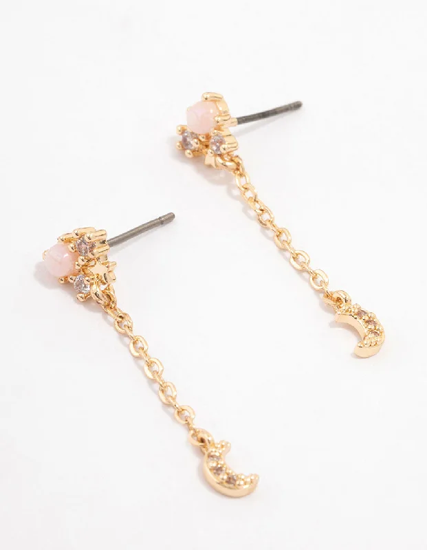 Chic Drop Earrings-Gold Cubic Zirconia Dainty Moon Drop Earrings