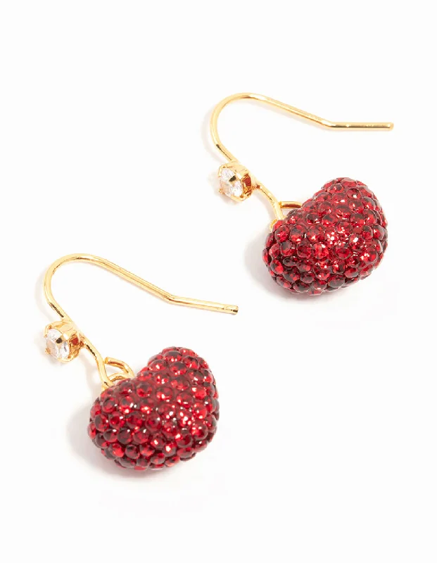 Long Chain Earrings-Gold Plated Red Diamante Puffy Heart Drop Earrings