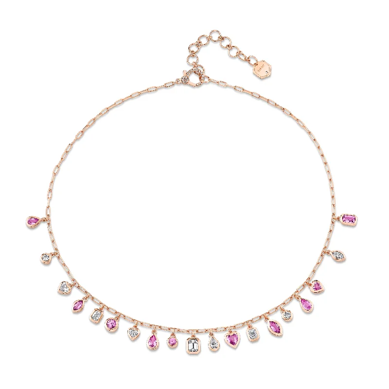 Layered Gold Necklace-PINK SAPPHIRE AND DIAMOND MIXED DROP NECKLACE