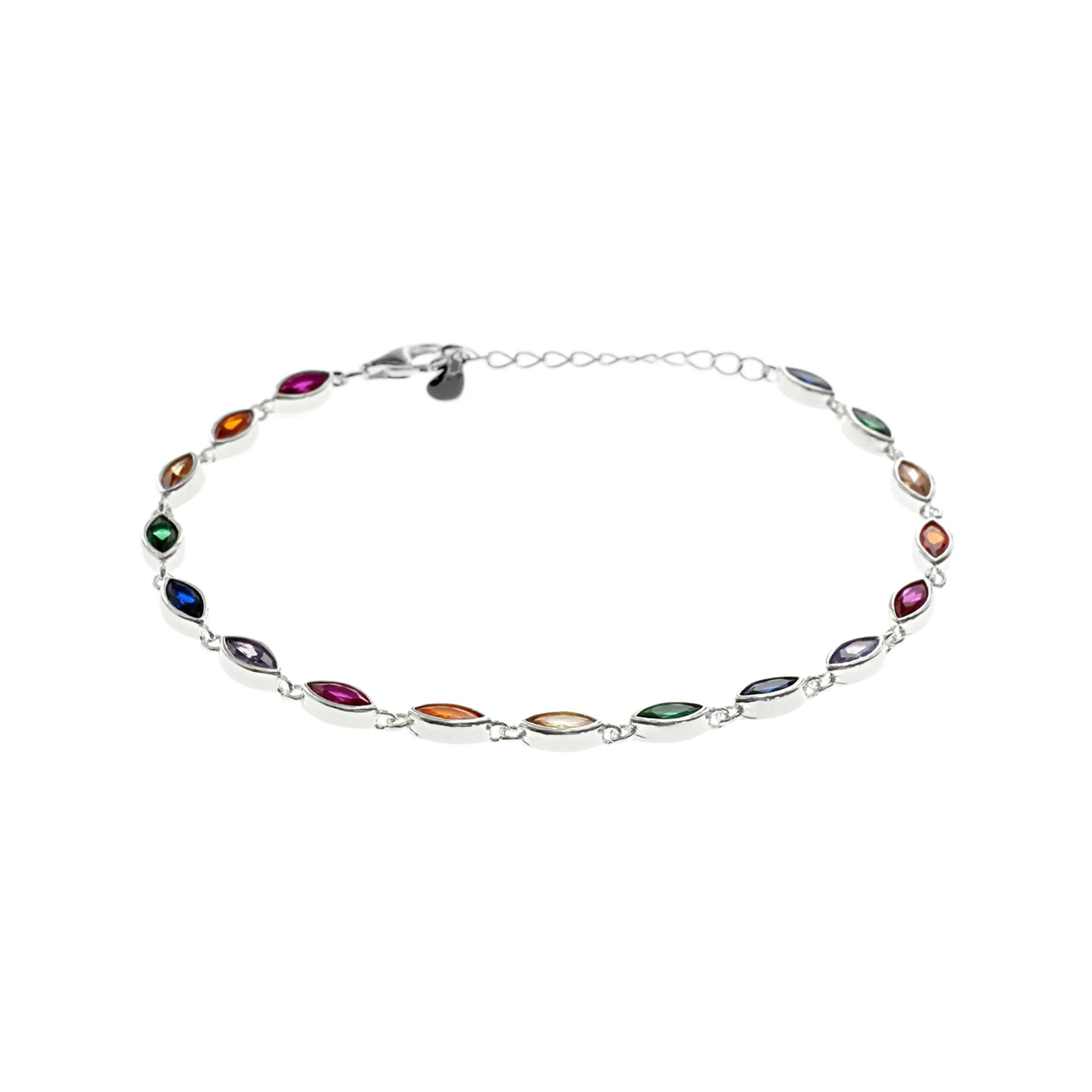 Silver Link Bracelet-Multicoloured Cubic Zirconia Bracelet