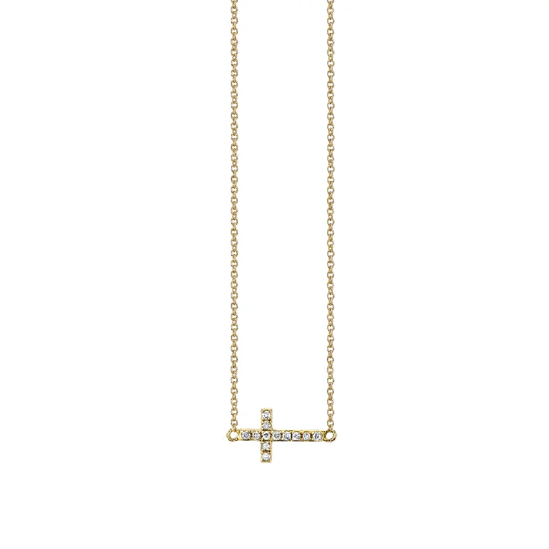 Colorful Gemstone Necklace-Gold & Pavé Diamond Small Sideways Cross Necklace