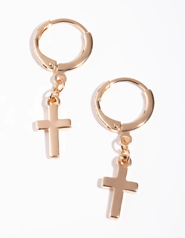 Swarovski Crystal Earrings-Gold Thick Cross Huggie Earrings