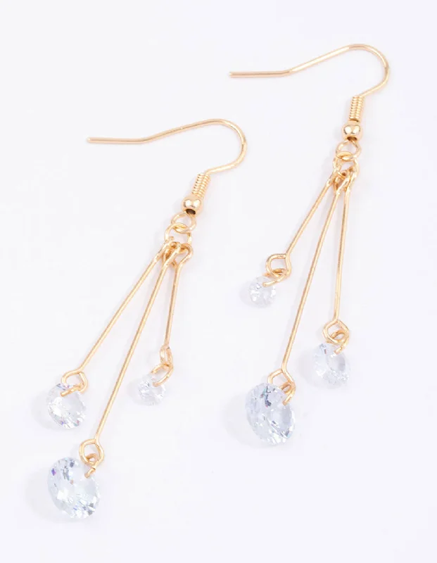 Modern Geometric Earrings-Gold Triple Stack Diamante Drop Earrings