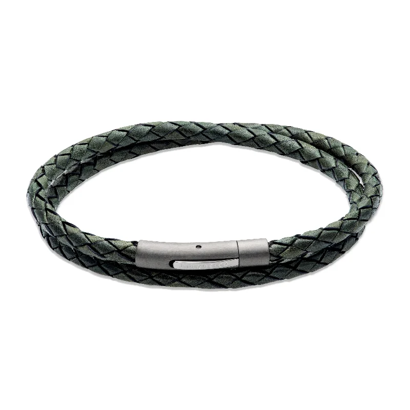 Gold Chain Bracelet-Unique & Co Dark Green Two Row Leather Bracelet