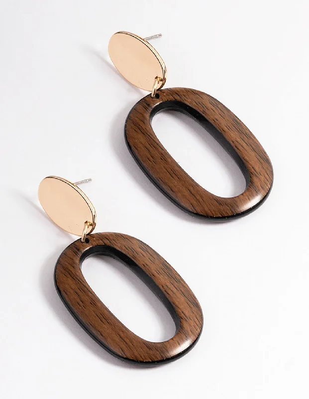 Long Gold Earrings-Natural Oval Wood Drop Earrings