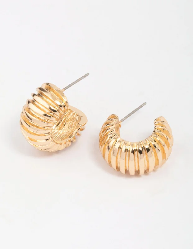 Pearl Hoop Earrings-Gold Ribbed Small Hoop Earrings