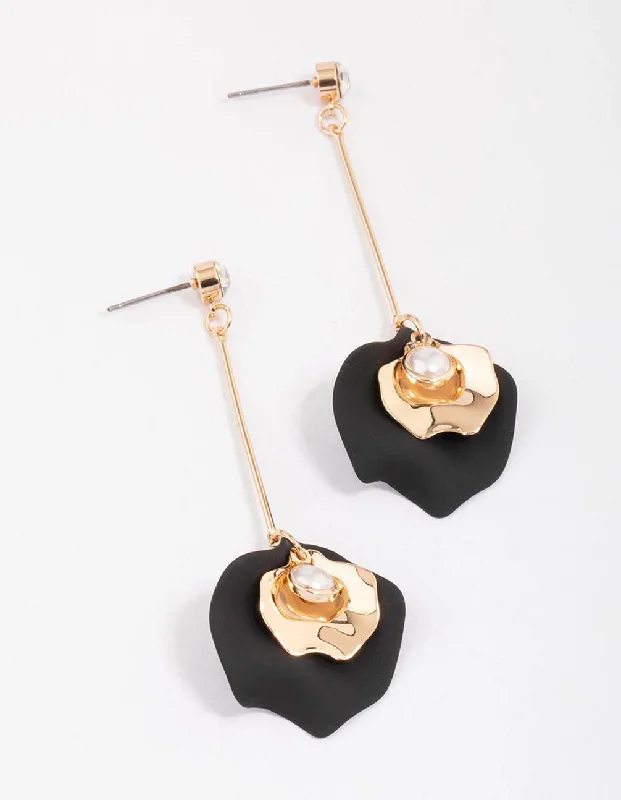 Textured Hoop Earrings-Gold & Black Petal Drop Earrings