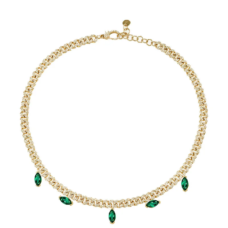 Stylish Diamond Necklace-EMERALD MARQUISE DROP MINI LINK NECKLACE