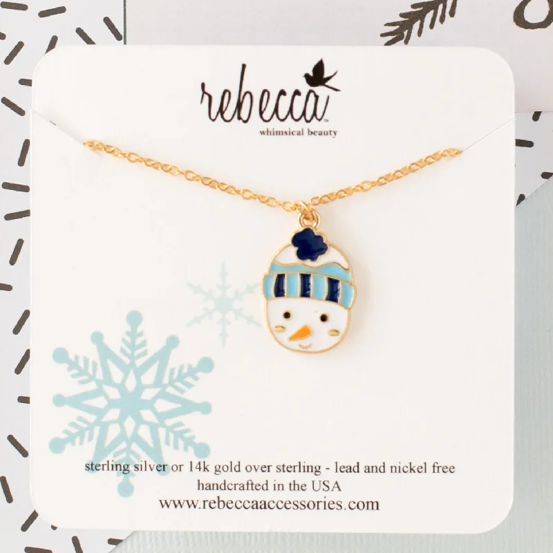 Gold Plated Pendant Necklace-Snowman Blue Hat Necklace - Children's