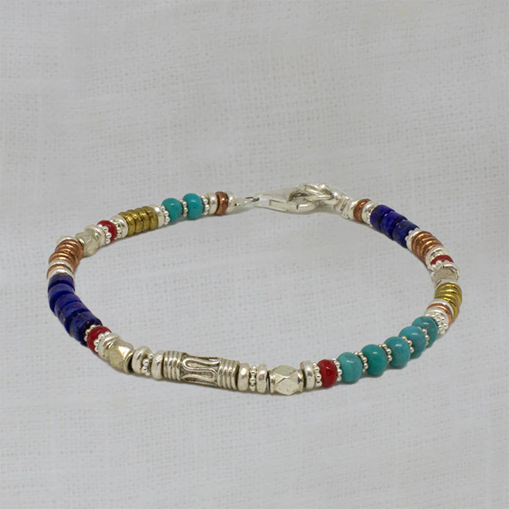 Personalized Cuff Bracelet-Silver Turquoise, Lapis and Coral Mixed Metals Bracelet