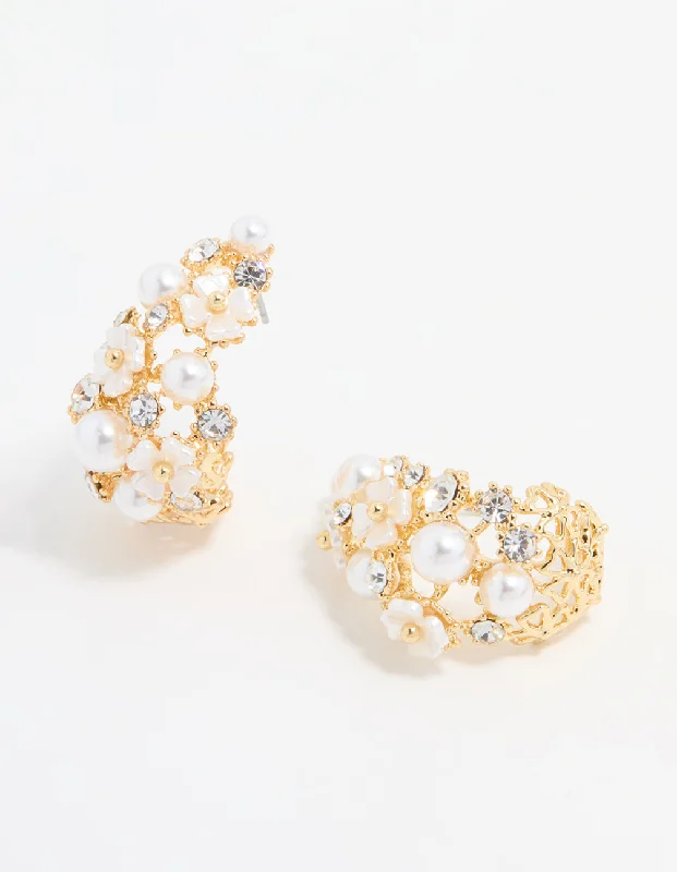 Heart Shaped Hoop Earrings-Gold Plated Diamante & Pearl Flower Hoop Earrings