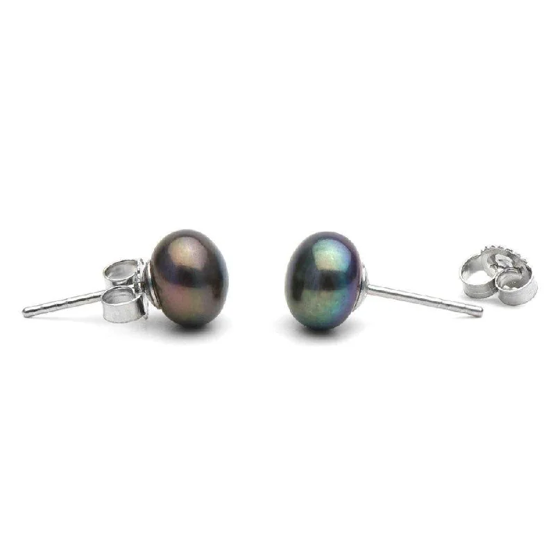 Silver Earrings with Pearls-Black Freshwater Pearl Stud Earrings