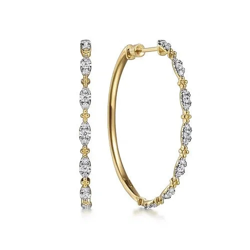 Large Diamond Earrings-14K Yellow Gold 40mm Diamond Station Intricate Hoop Earrings