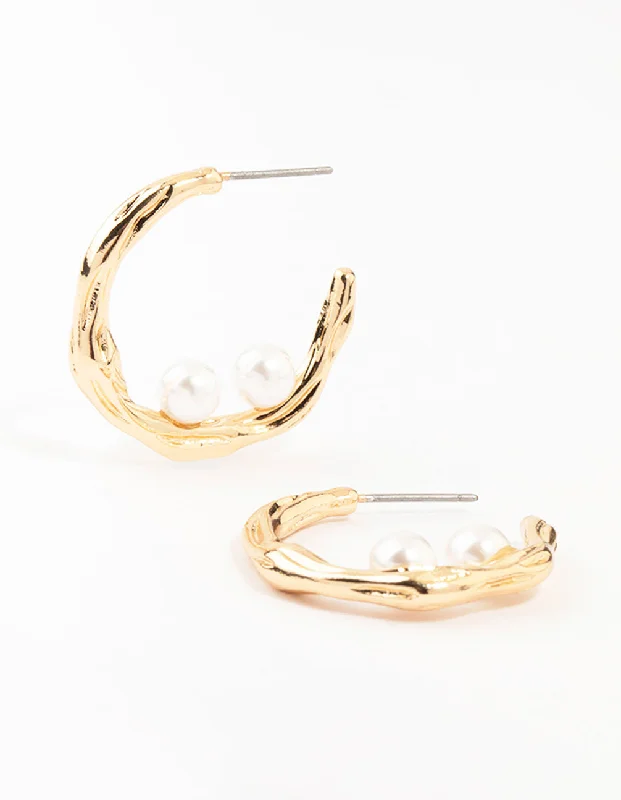 Designer Crystal Earrings-Hammered Gold Pearl Hoop Earrings