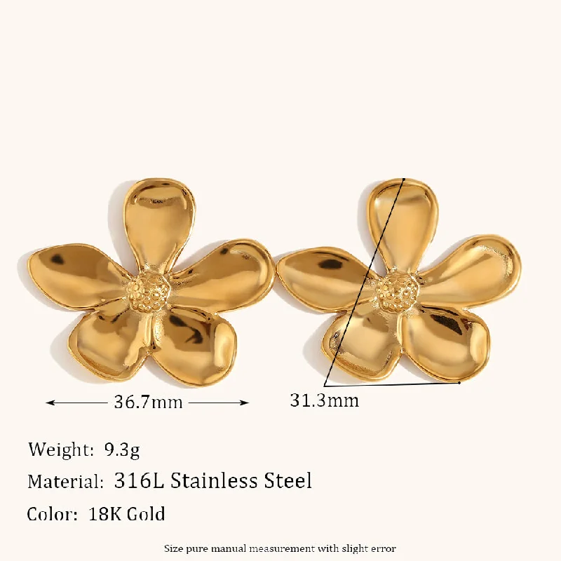 Glossy Petal Flower Stud Earrings-Gold