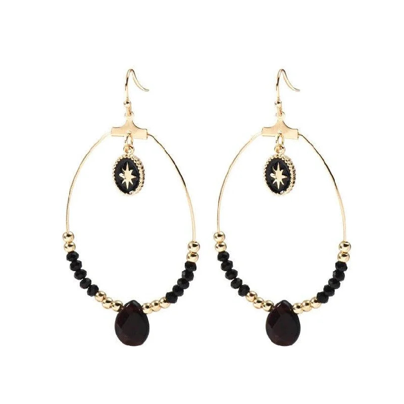 Cute Heart Earrings-Black and Gold Beaded Hoop Earrings