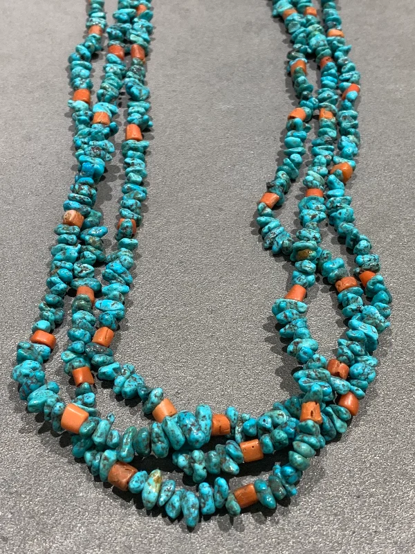 Long Chain Necklace for Women-Turquoise & Natural Mediterranean Coral Necklace