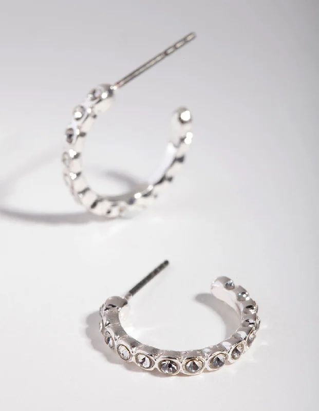 Colorful Hoop Earrings-Silver Diamante Front Huggie Earrings