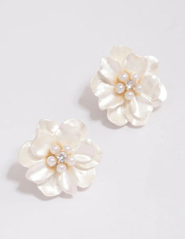 Light Blue Earrings-Gold Plated White Flower Cubic Zirconia Stud Earrings