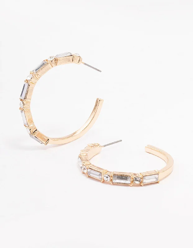 Elegant Dangle Earrings-Gold Baguette Medium Hoop Earrings