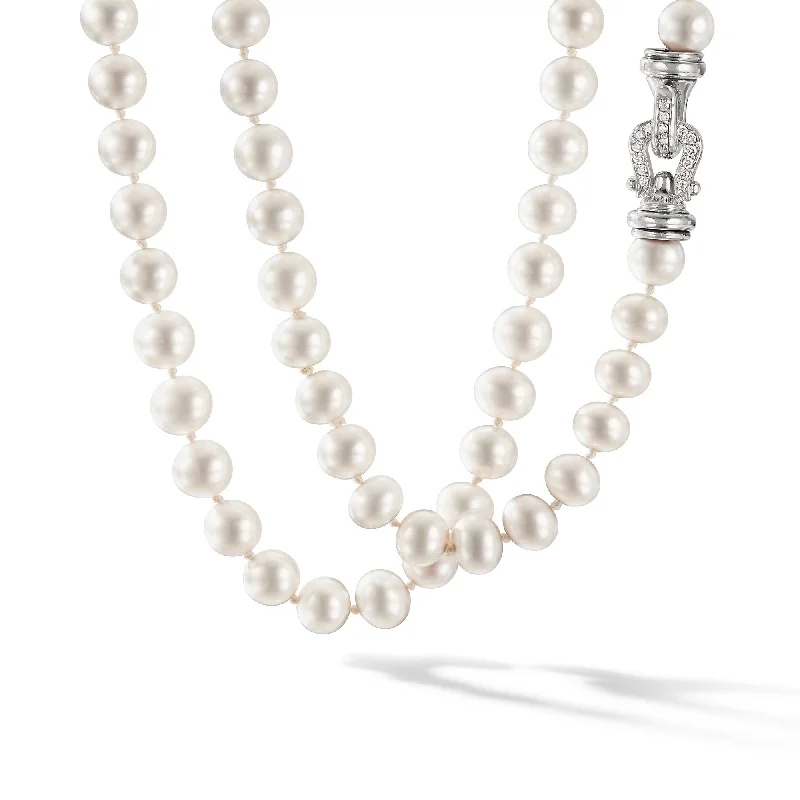 Elegant Crystal Necklace-Pearl Strand Necklace in Sterling Silver with Pearls and Diamonds