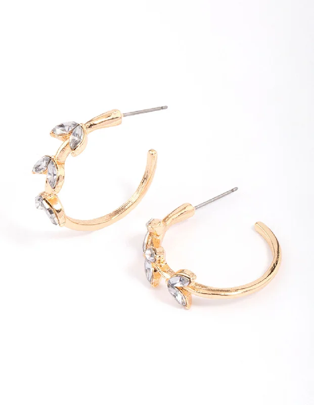 Small Gold Earrings-Gold Diamante Vine Leaf Hoop Earrings