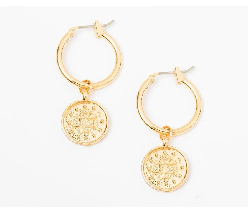 Textured Gold Earrings-Huggie Dangle Earrings with Gypsy Coin