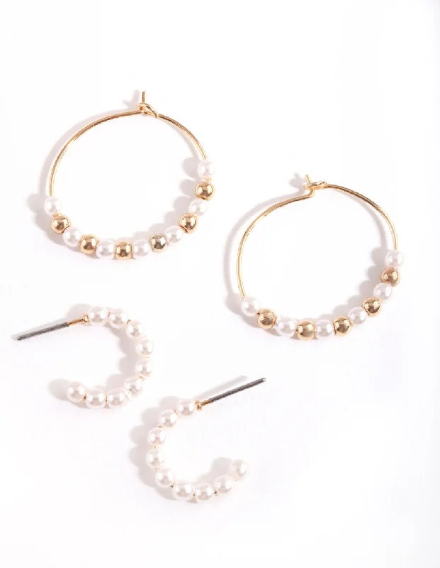 Unique Gemstone Earrings-Gold Pearl Bead Hoop Earring Pack