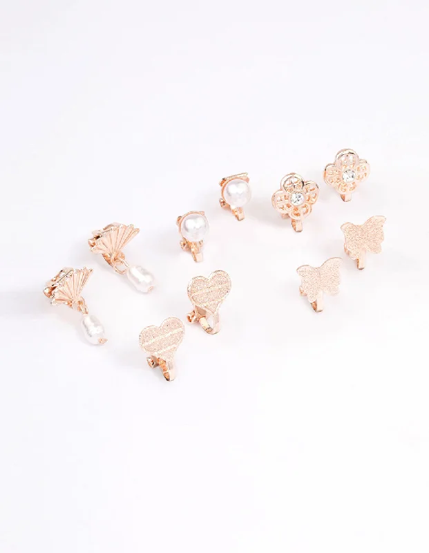 Classic Diamond Earrings-Rose Gold Mixed Fan & Pearl Drop Earrings 5-Pack