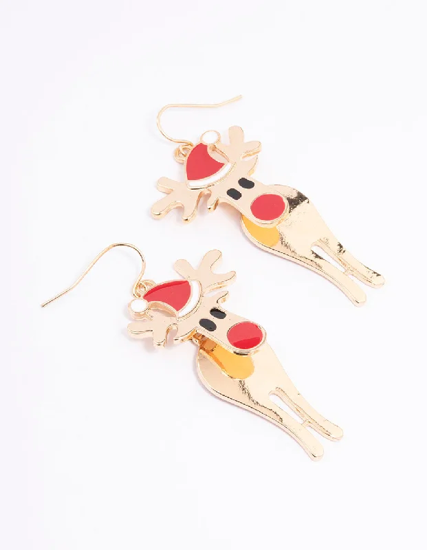 Simple Silver Earrings for Women-Gold Red-Nosed Reindeer Drop Earrings