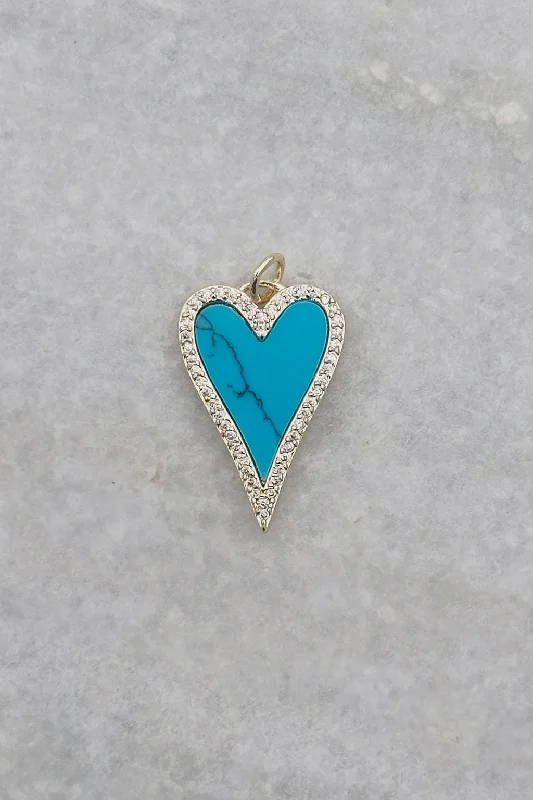 Crystal Charm Necklace-CZ Edge Elongated Turquoise Heart Charm