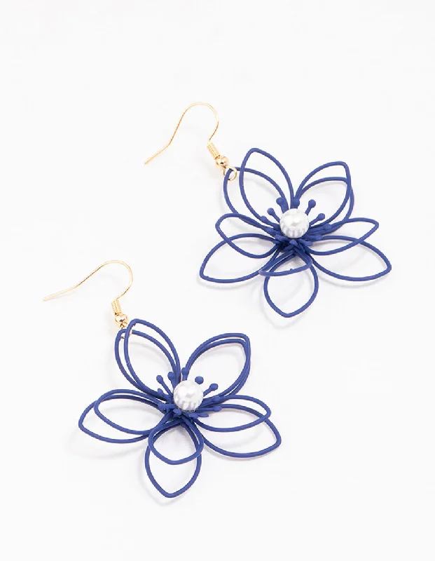 Eco-Friendly Earrings-Gold & Navy Blue Wire Pearl Drop Earrings