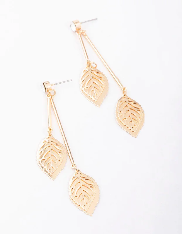 Red Coral Earrings-Gold Diamante Layered Leaf Drop Earrings