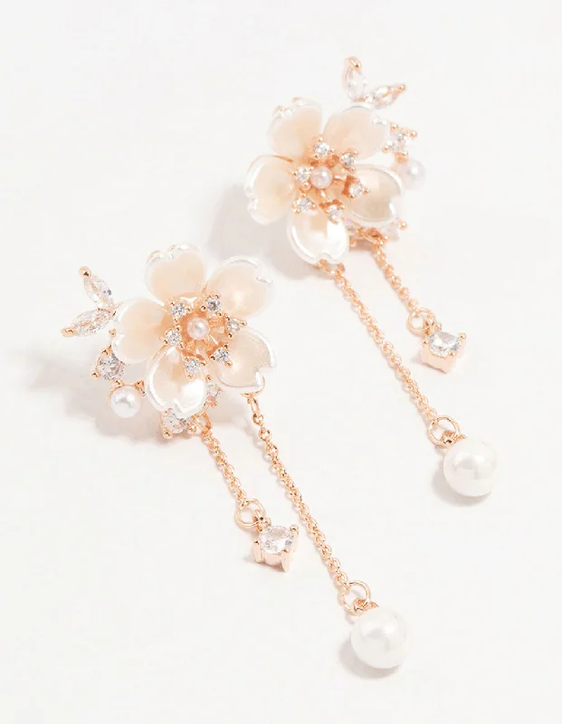 Vintage Pearl Earrings-Rose Gold Plated Flower Diamante Pearl Drop Earrings