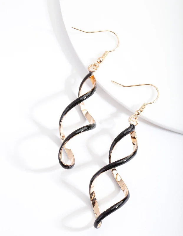 Gold Hoop Earrings for Women-Black Gold Spiral Earrings