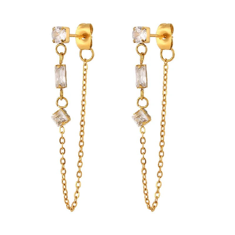 Round Heart Square Geometric Zircon Chain Earrings