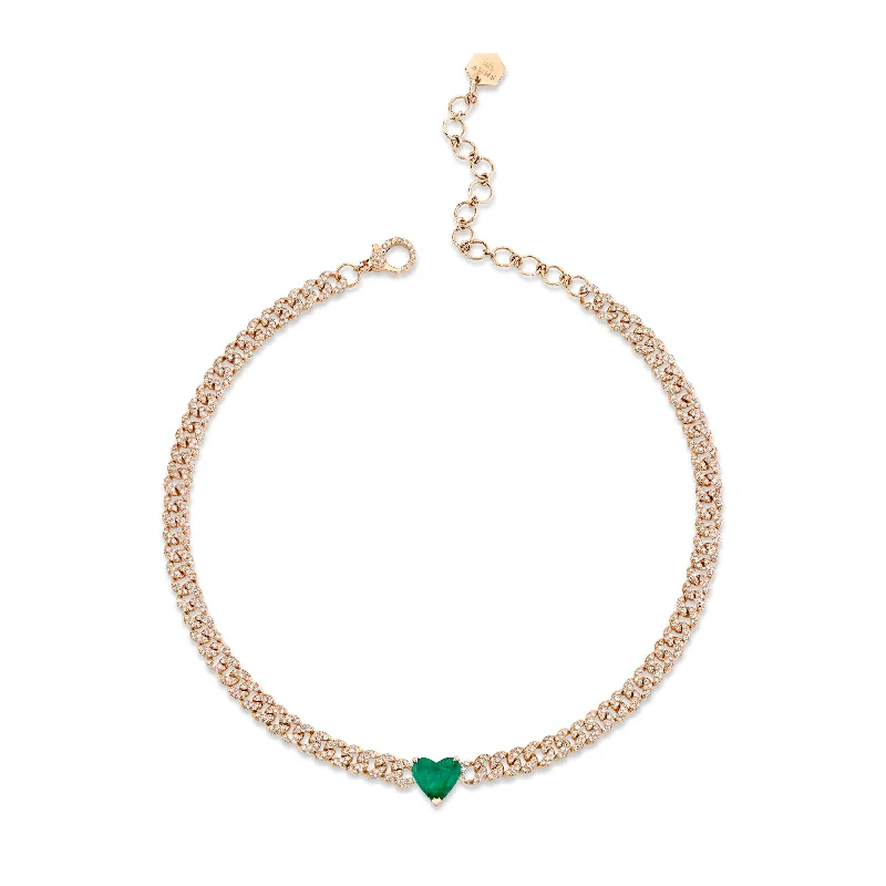 Silver Choker Necklace-EMERALD HEART PAVE MINI LINK NECKLACE