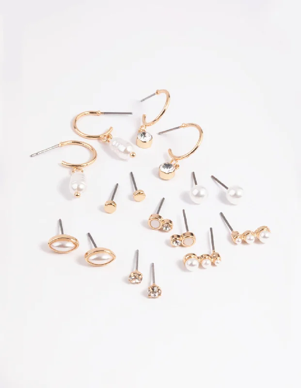 Cute Heart Earrings-Gold Mixed Pearl Stud & Huggie Hoop Earring 8-Pack