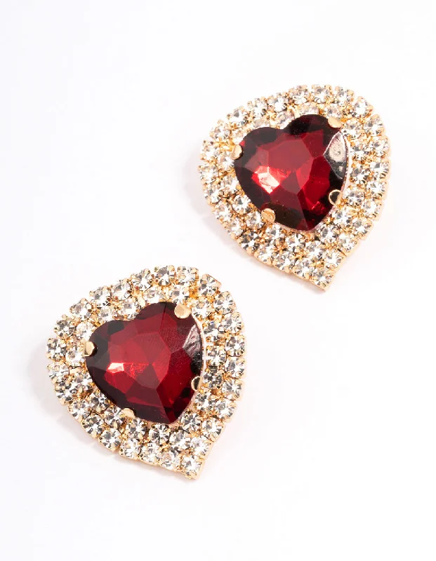 Gemstone Stud Earrings-Red Diamante Heart Stone Stud Earrings