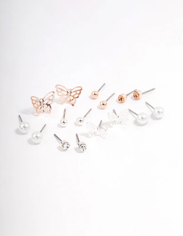 Custom Designed Earrings-Rose Gold Basic Stud & Butterfly Earrings 8-Pack