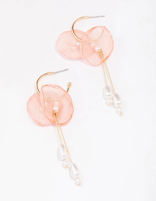 Long Silver Earrings-Gold Fabric Flower Pearl Drop Earrings