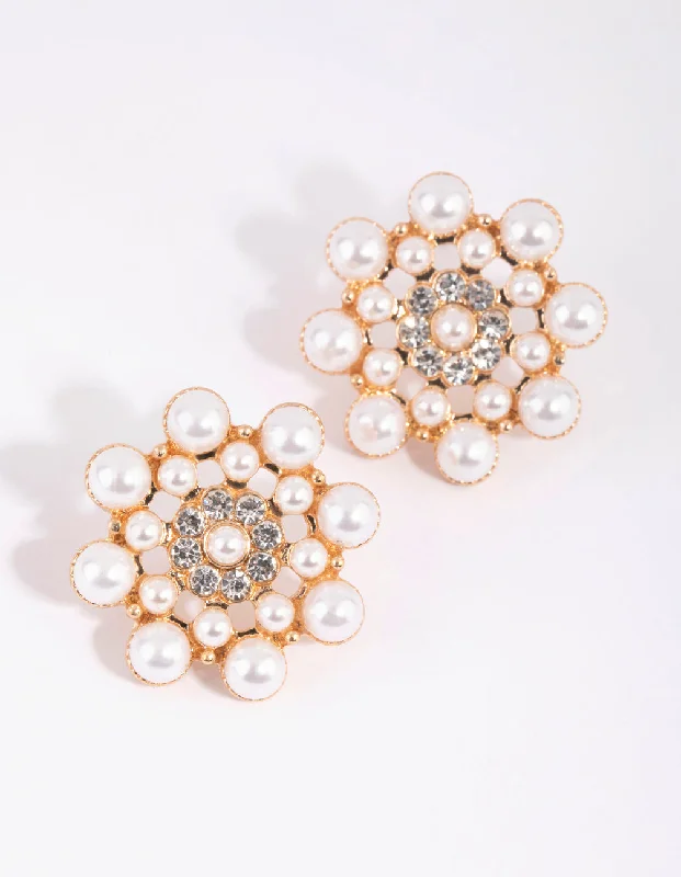 Elegant Stud Earrings-Gold Pearl Flower Stud Earrings